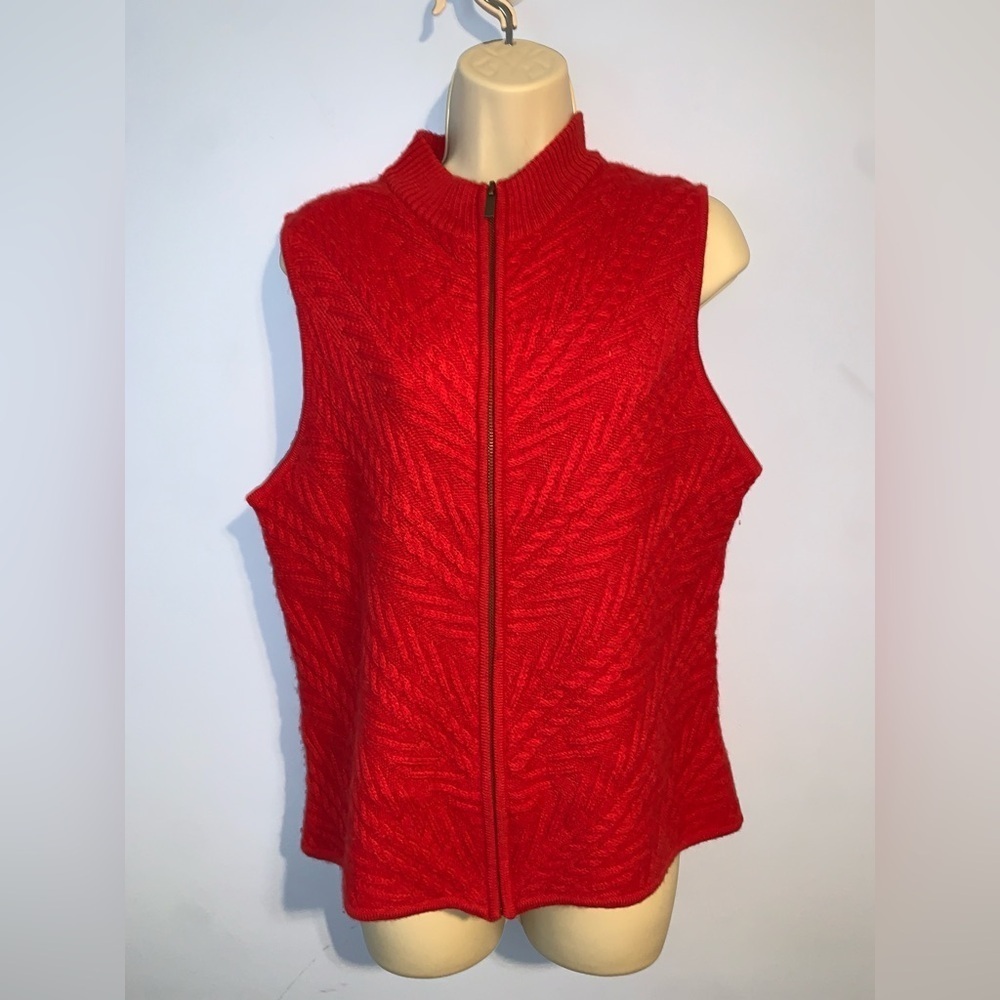 Coldwater creek bright Red Sleeveless Zip-Up mock neck wool Vest burst knit Lrg